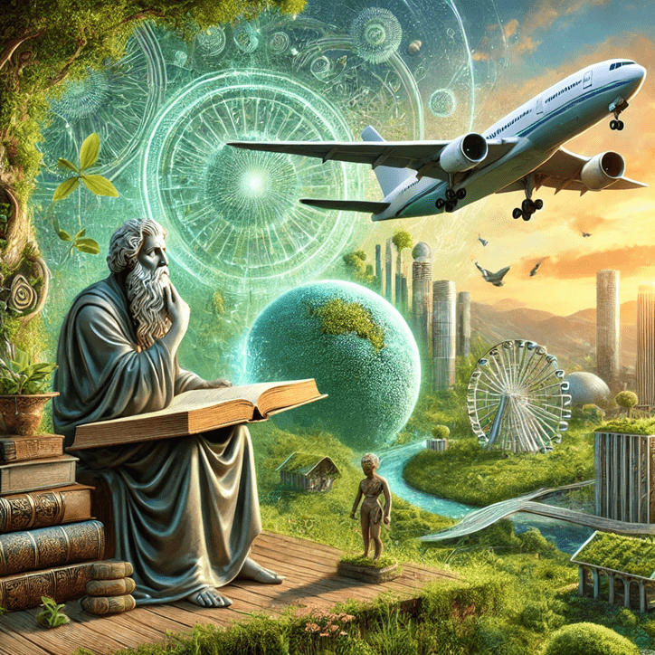 Quelle: Philosophie und Nachhaltigkeit: Ein Philosoph, ein aufgeschlagenes Buch, ein Passagierflugzeug und eine grüne Stadt (OpenAI, 2025).