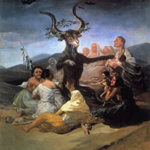 ein Teufel in Form einer Ziege umringt von Hexen