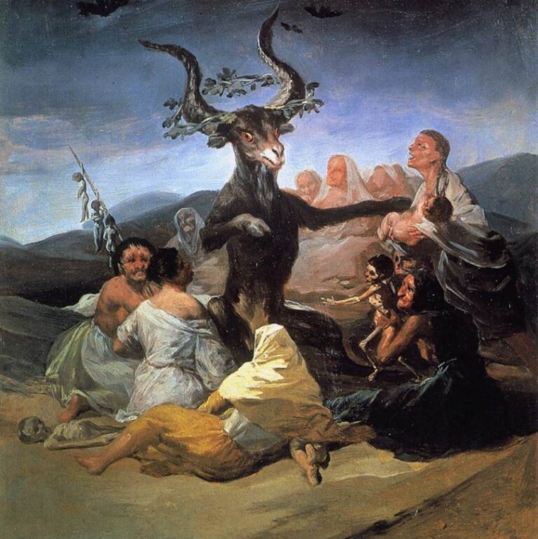 ein Teufel in Form einer Ziege umringt von Hexen